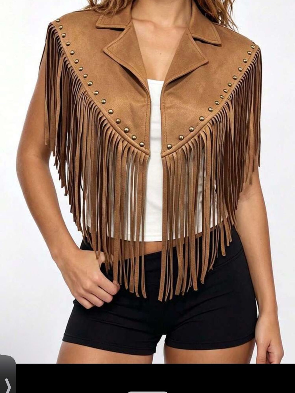 Fringed Suede-Look Crop Top in Tan( one size) - Picture 3 of 5